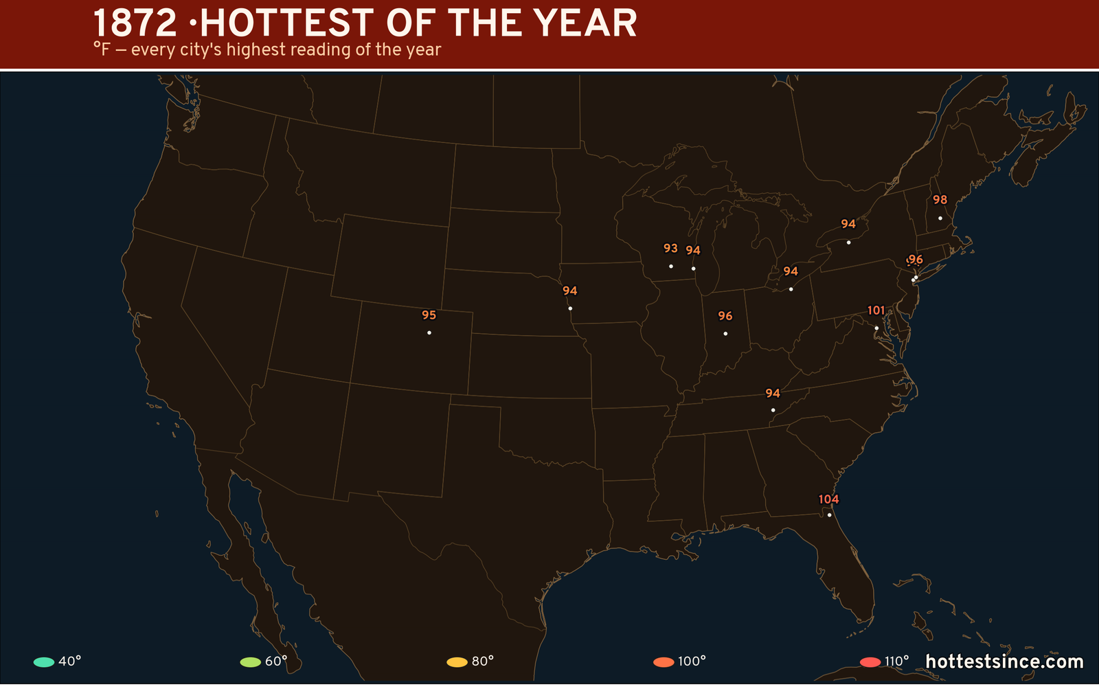 1872 — hottest and coldest temperature at each U.S. city