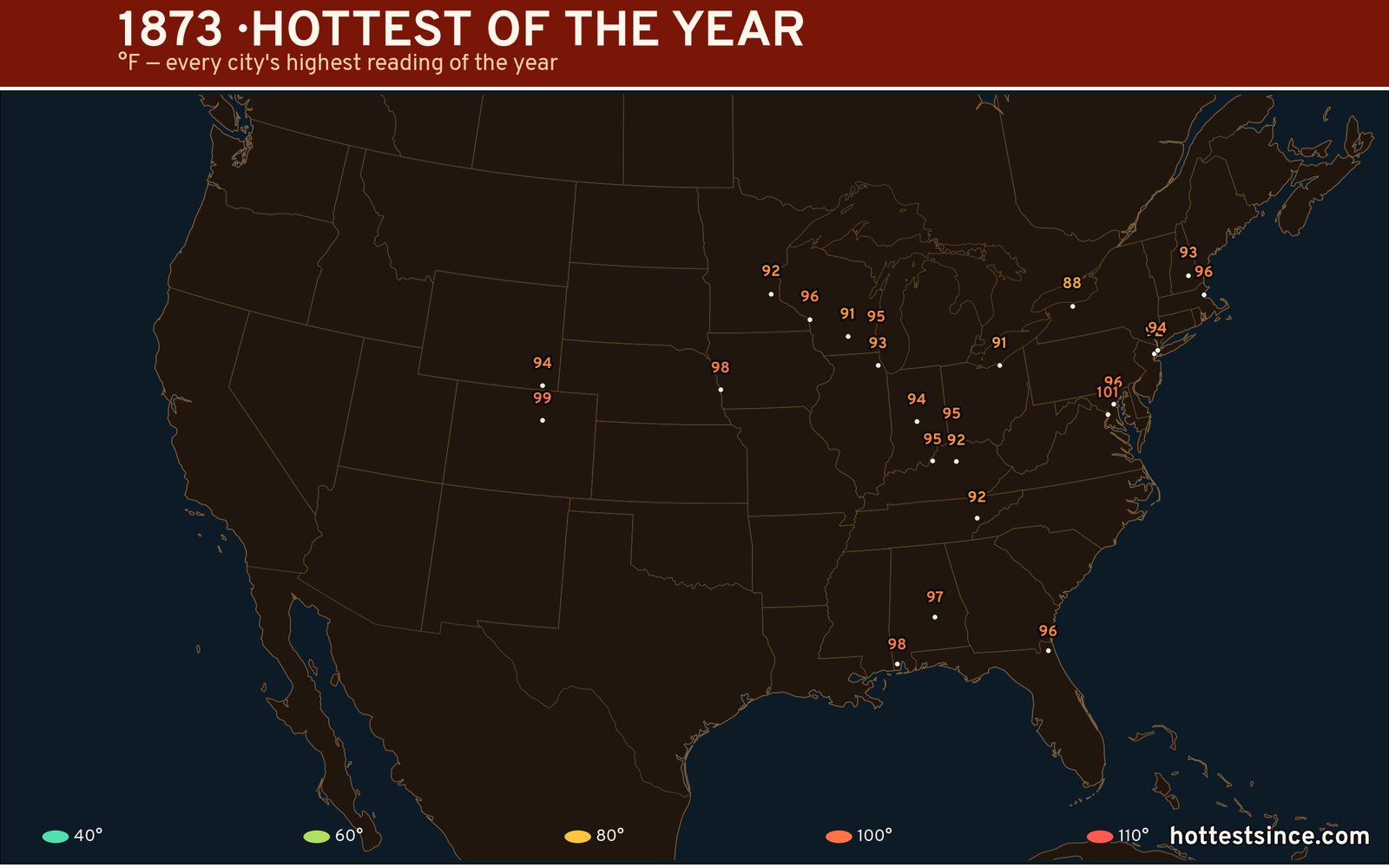 1873 — hottest and coldest temperature at each U.S. city
