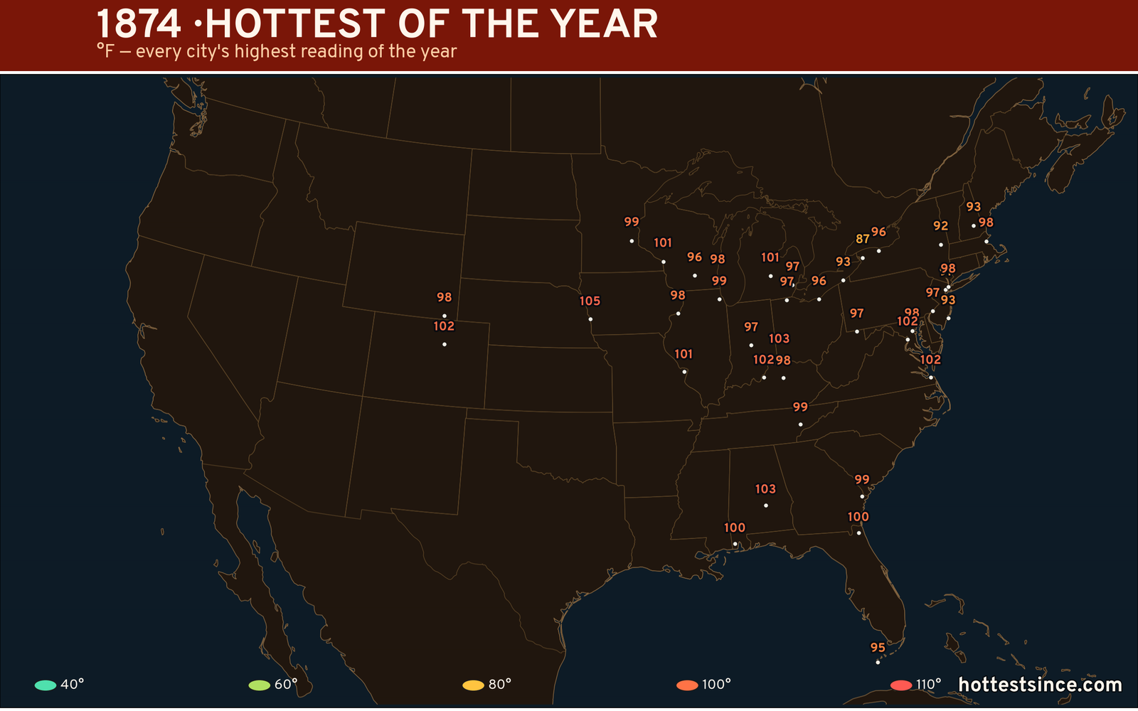 1874 — hottest and coldest temperature at each U.S. city