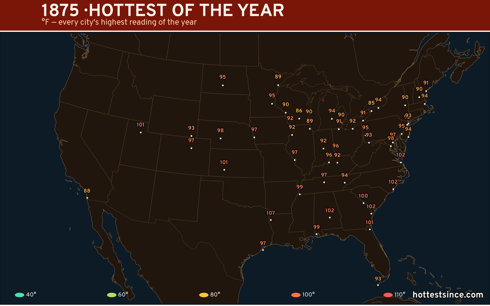 1875 — hottest and coldest temperature at each U.S. city