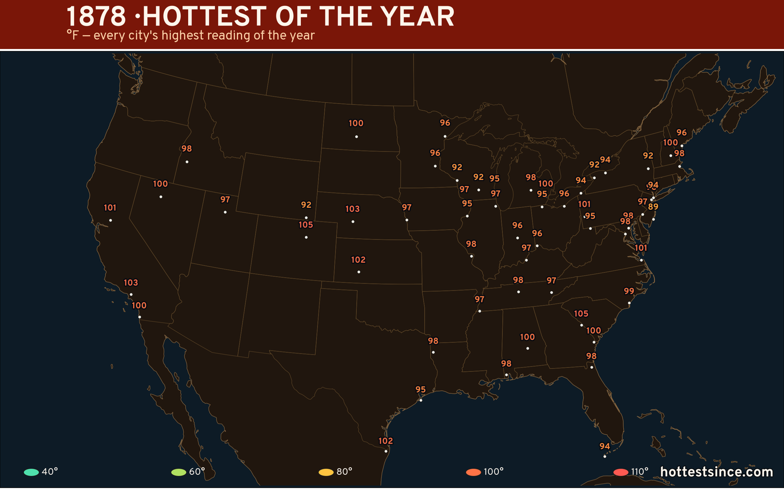 1878 — hottest and coldest temperature at each U.S. city