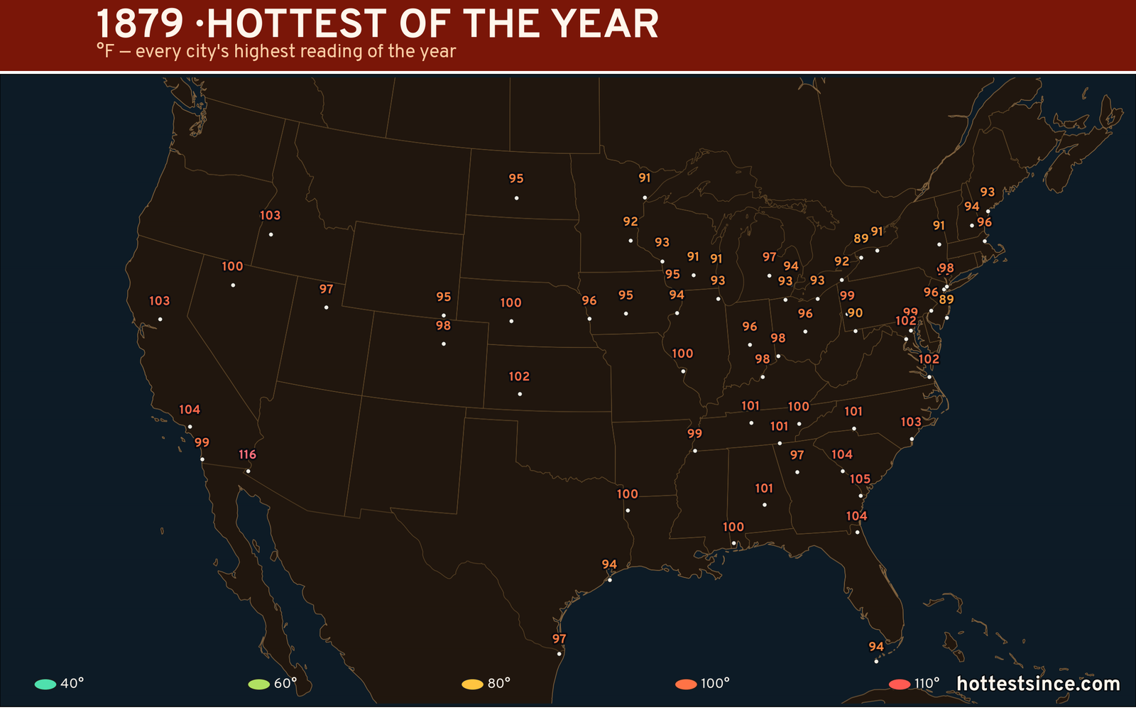 1879 — hottest and coldest temperature at each U.S. city