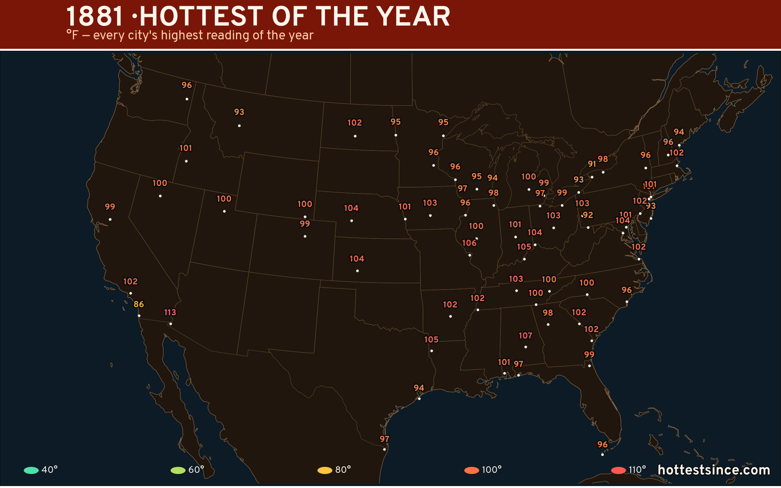1881 — hottest and coldest temperature at each U.S. city
