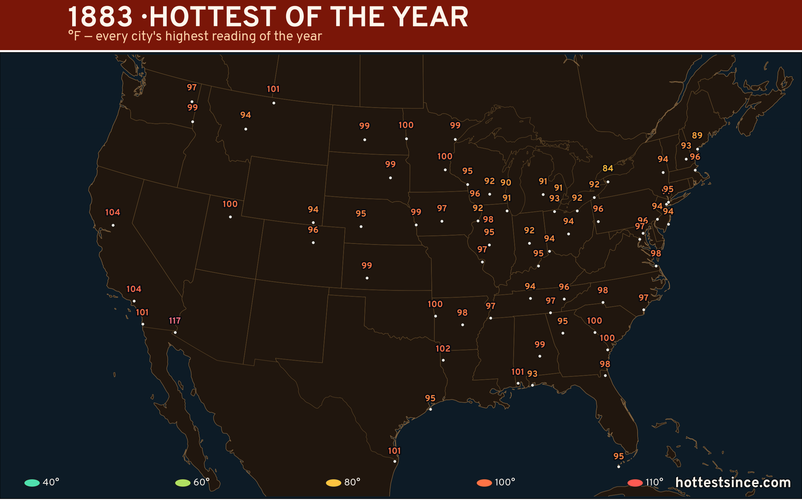 1883 — hottest and coldest temperature at each U.S. city