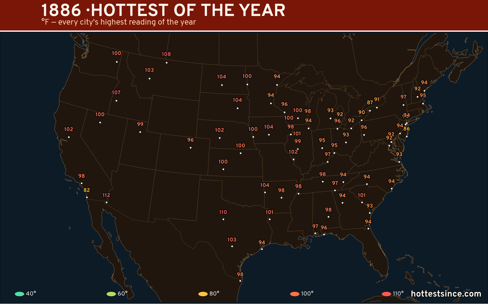 1886 — hottest and coldest temperature at each U.S. city