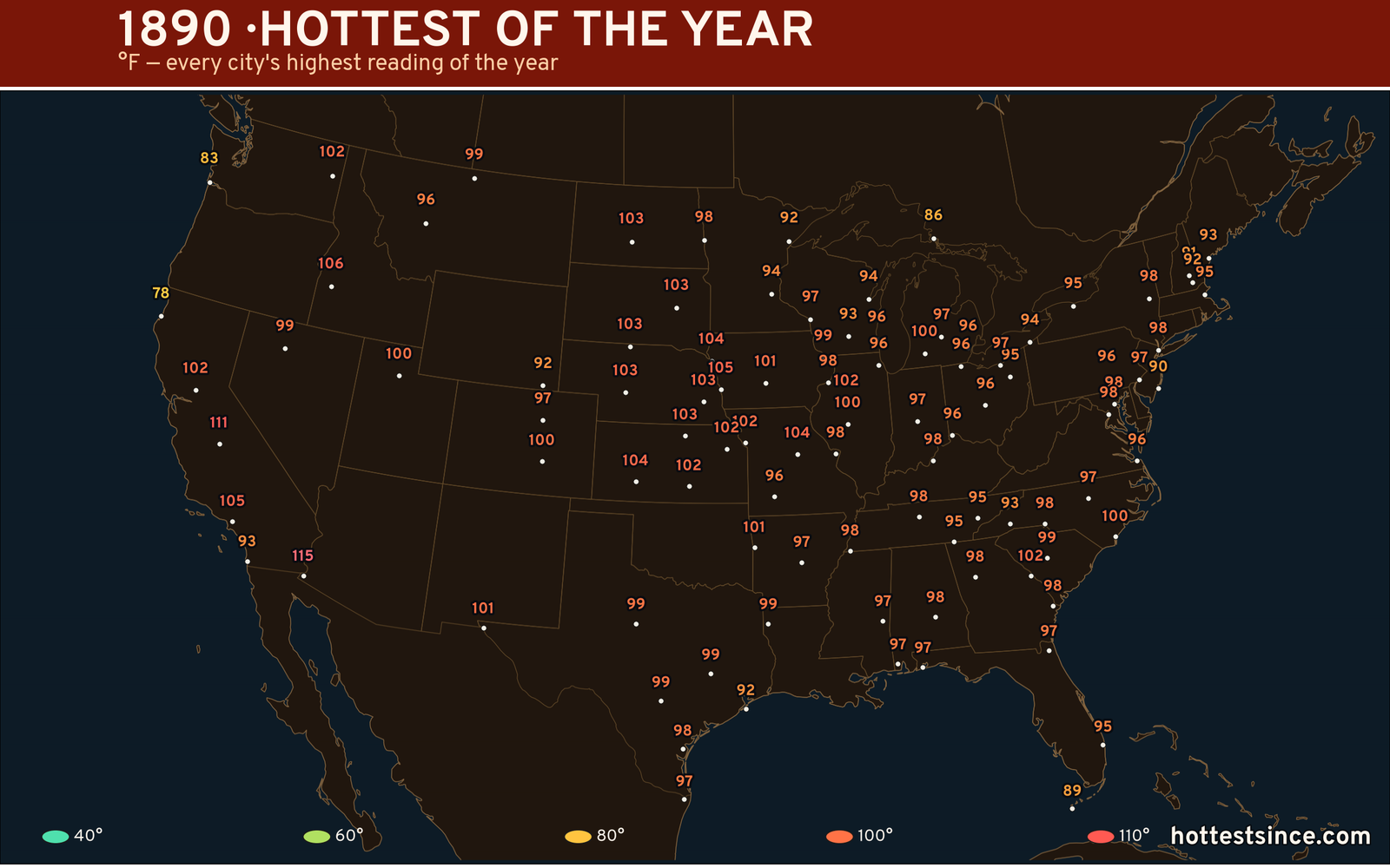 1890 — hottest and coldest temperature at each U.S. city