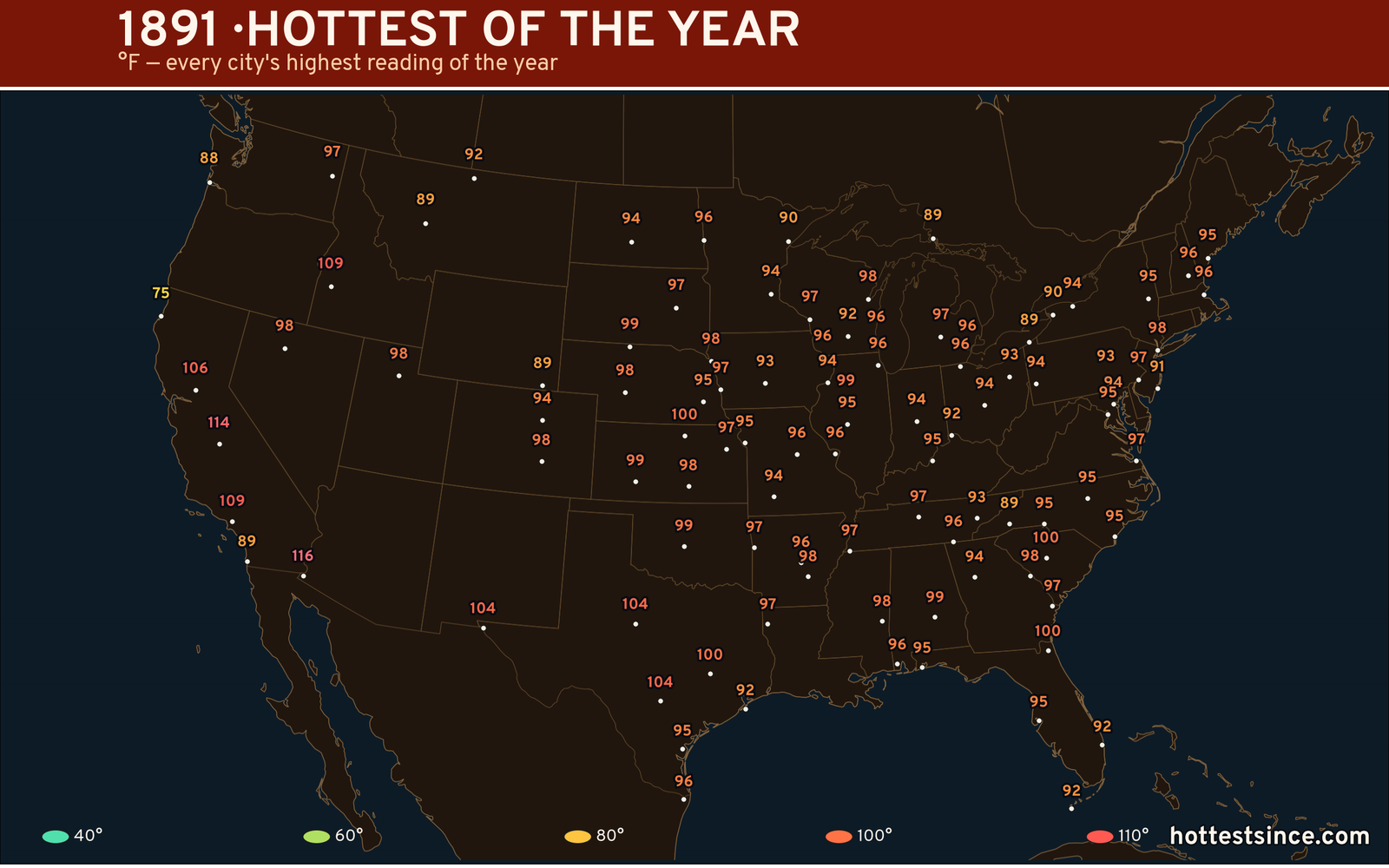 1891 — hottest and coldest temperature at each U.S. city