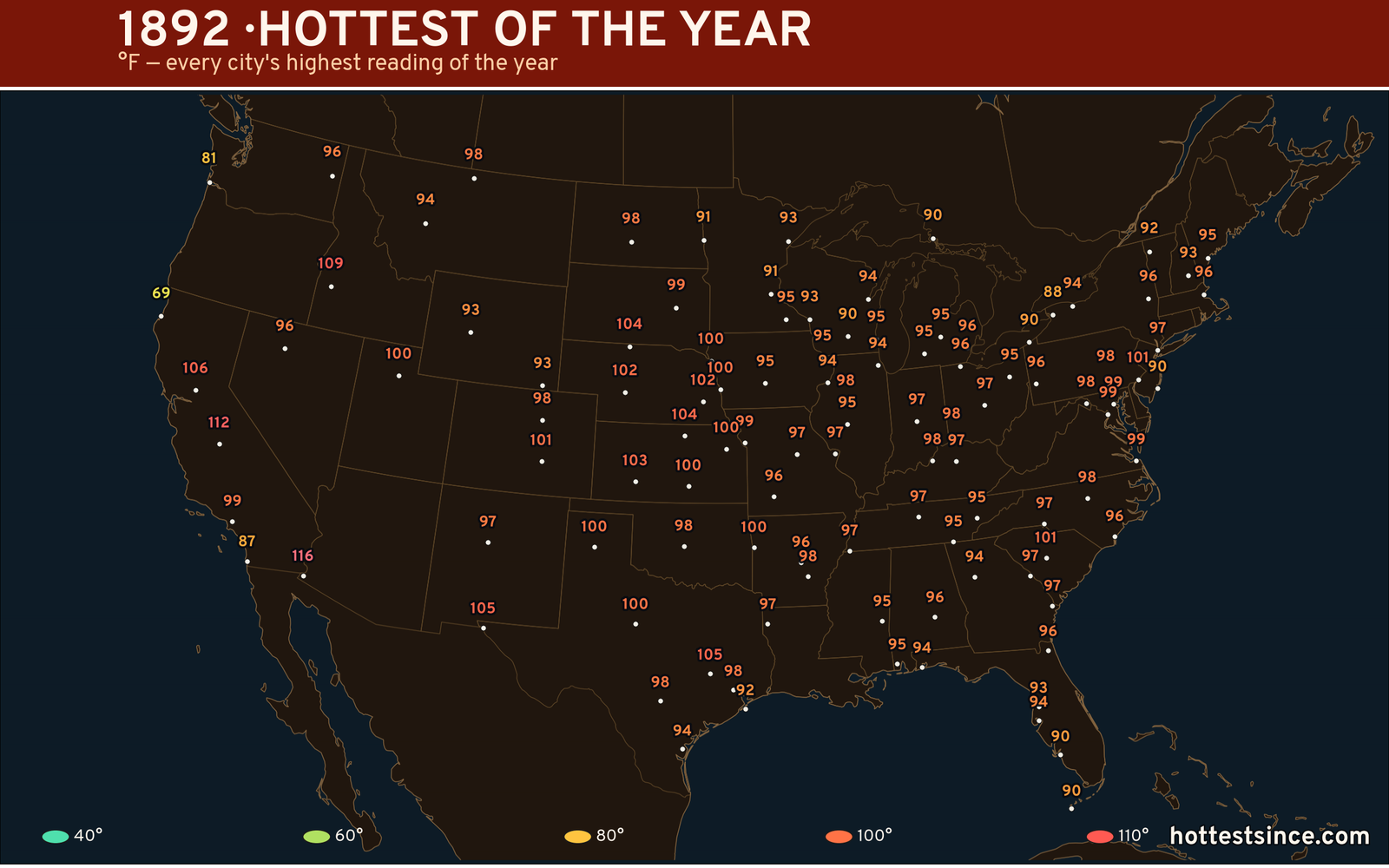1892 — hottest and coldest temperature at each U.S. city