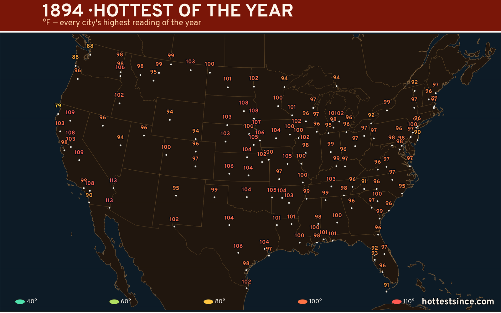 1894 — hottest and coldest temperature at each U.S. city