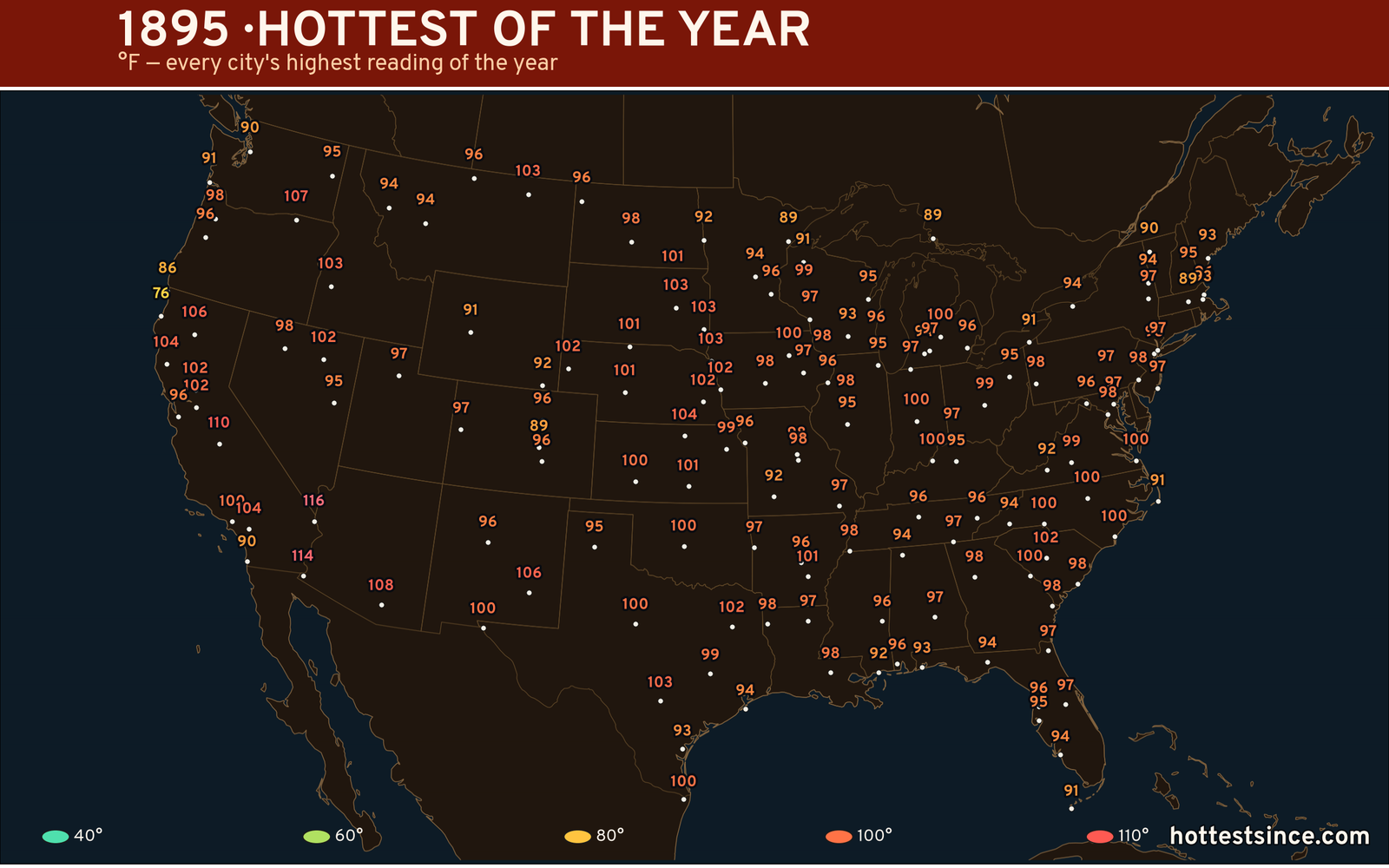 1895 — hottest and coldest temperature at each U.S. city