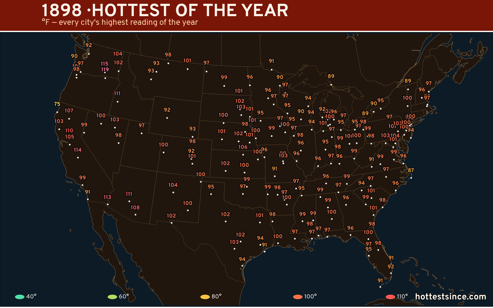 1898 — hottest and coldest temperature at each U.S. city
