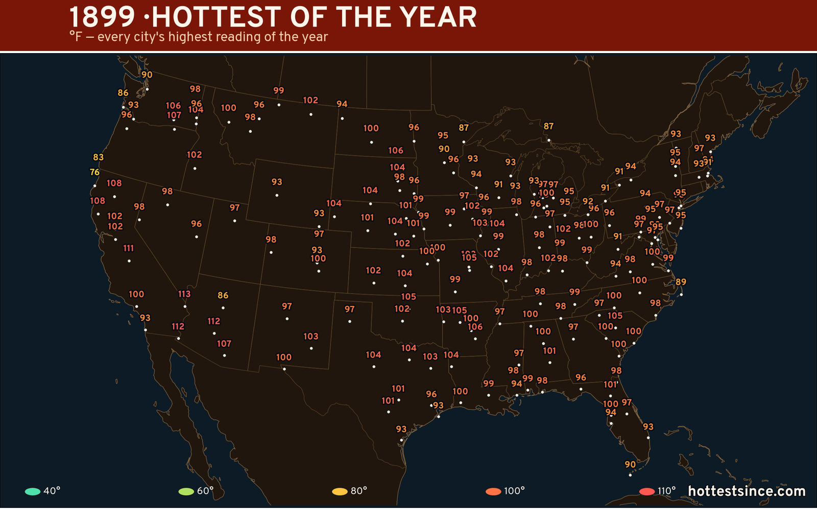 1899 — hottest and coldest temperature at each U.S. city