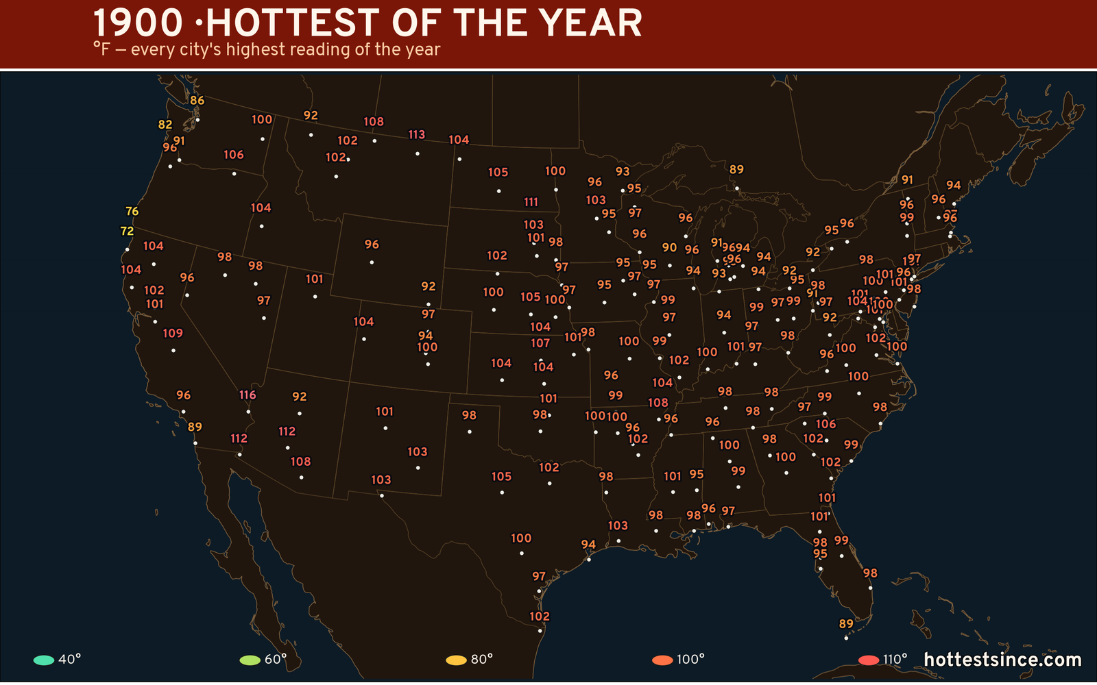 1900 — hottest and coldest temperature at each U.S. city