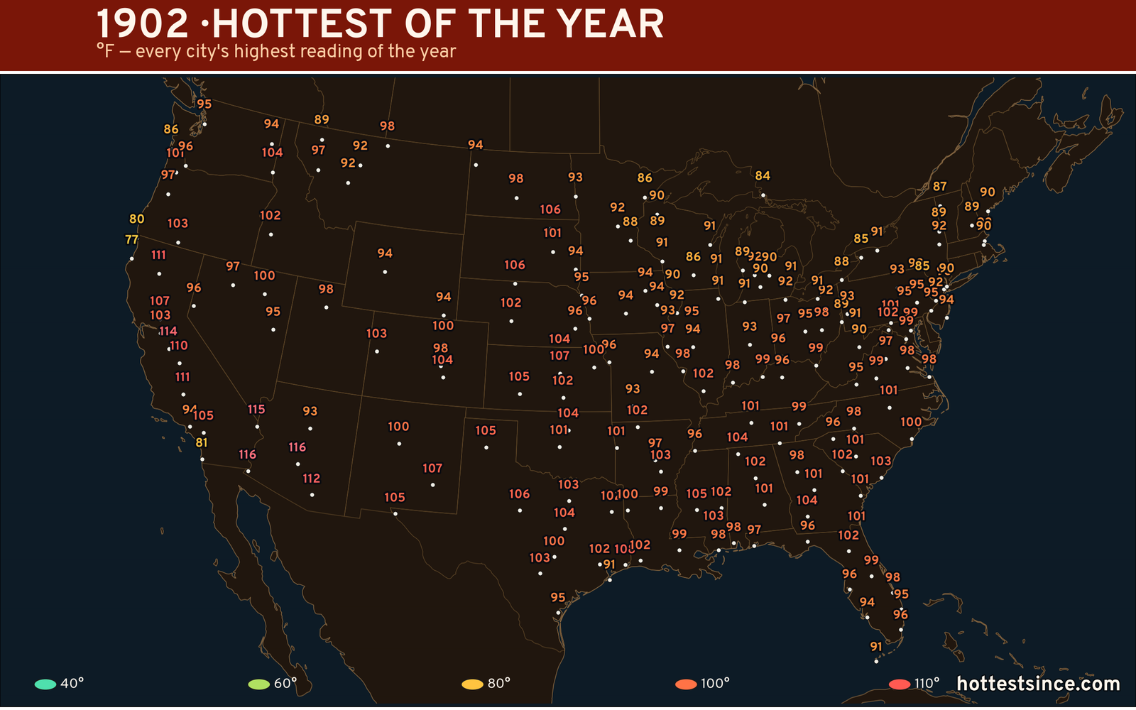 1902 — hottest and coldest temperature at each U.S. city