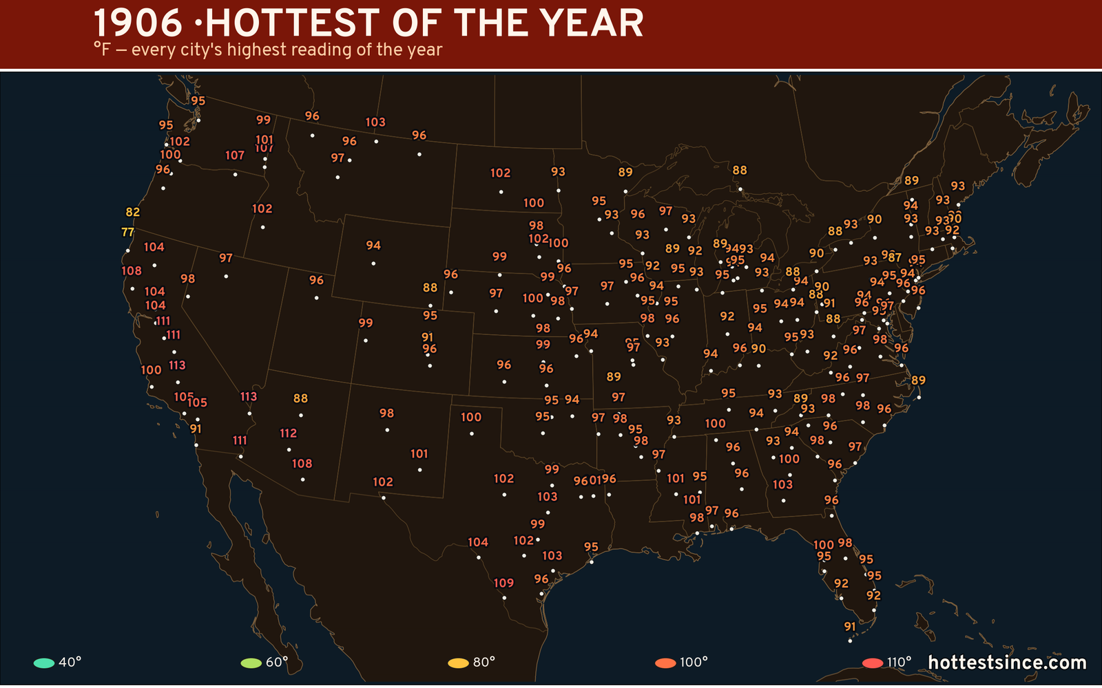 1906 — hottest and coldest temperature at each U.S. city