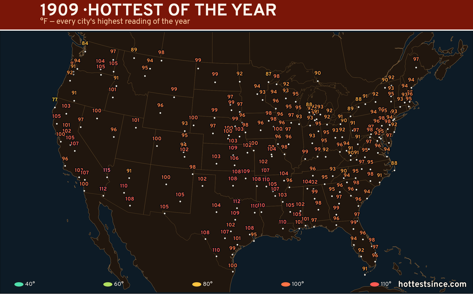 1909 — hottest and coldest temperature at each U.S. city