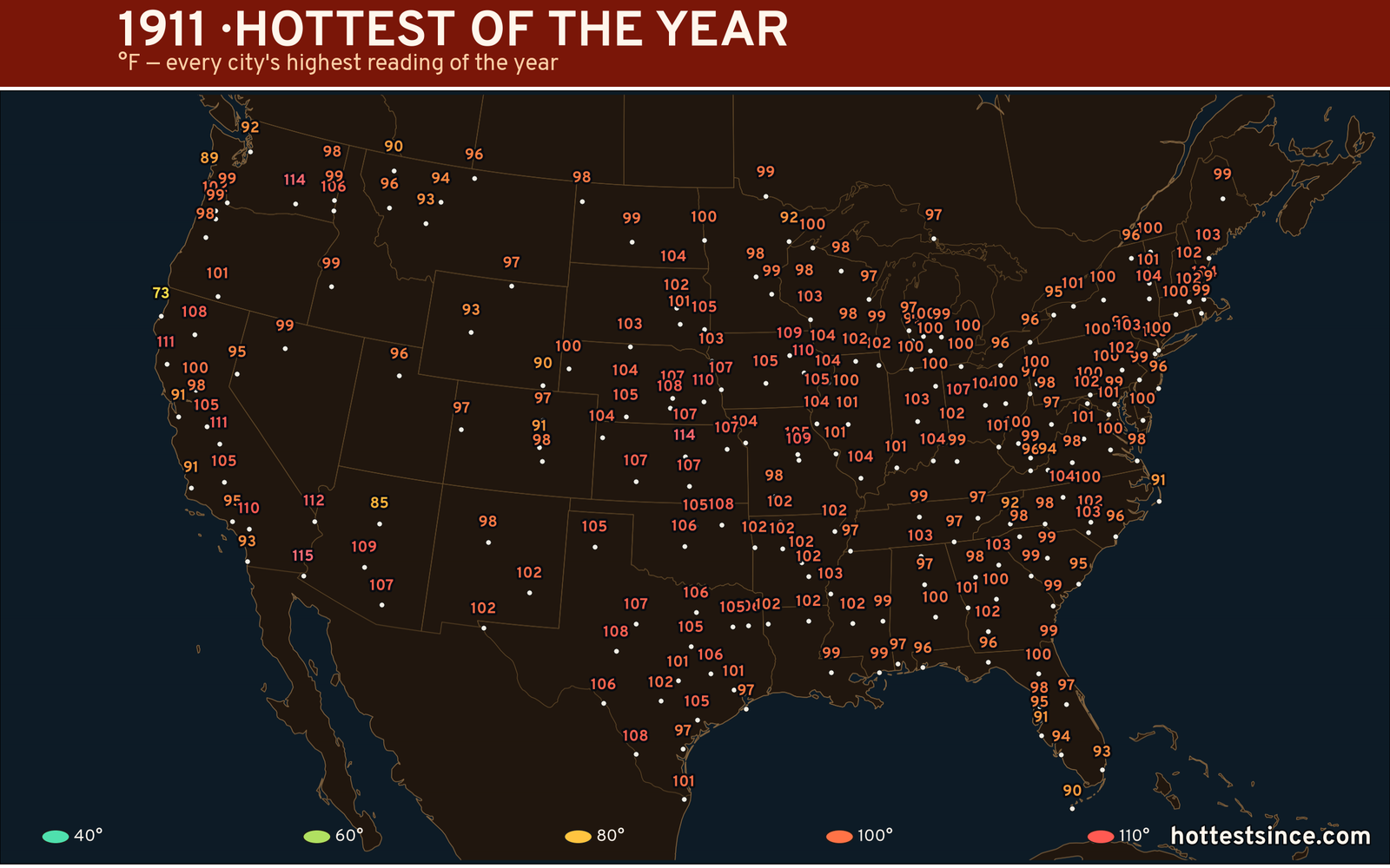 1911 — hottest and coldest temperature at each U.S. city