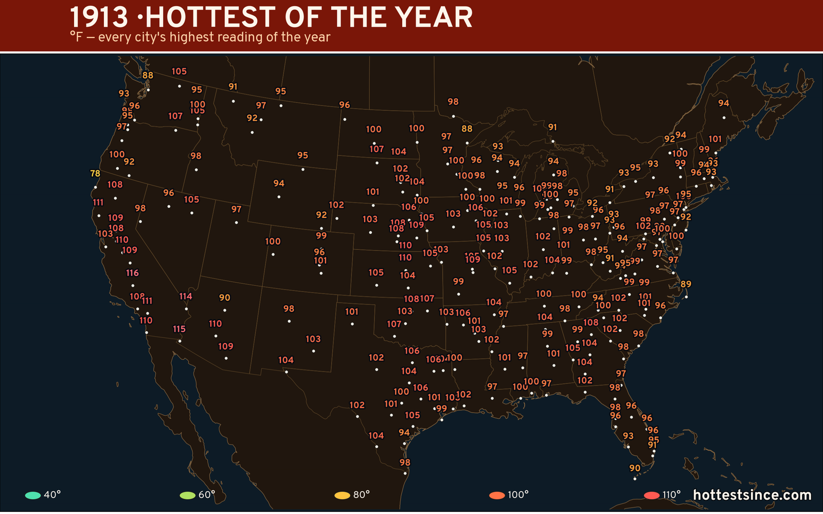 1913 — hottest and coldest temperature at each U.S. city
