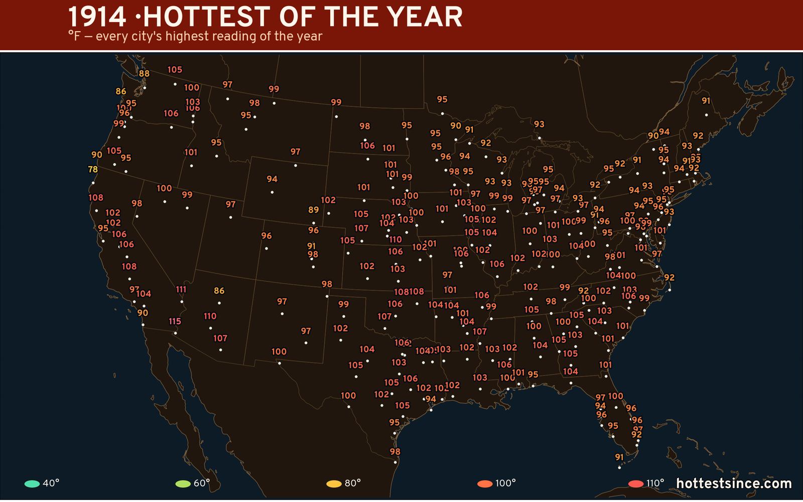 1914 — hottest and coldest temperature at each U.S. city