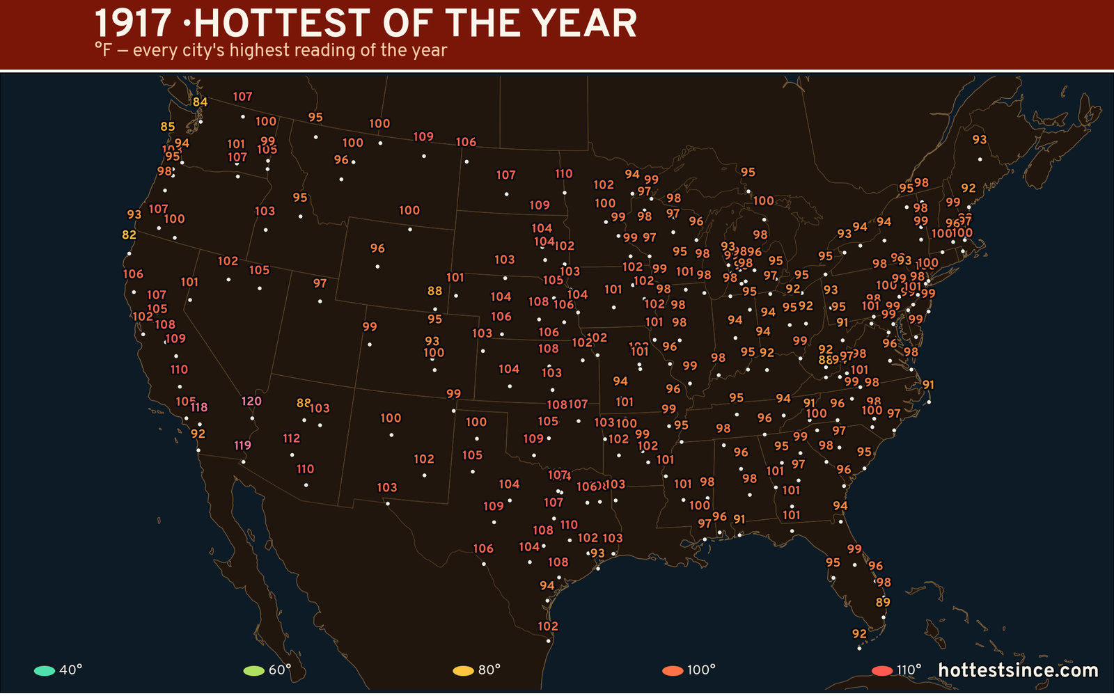 1917 — hottest and coldest temperature at each U.S. city