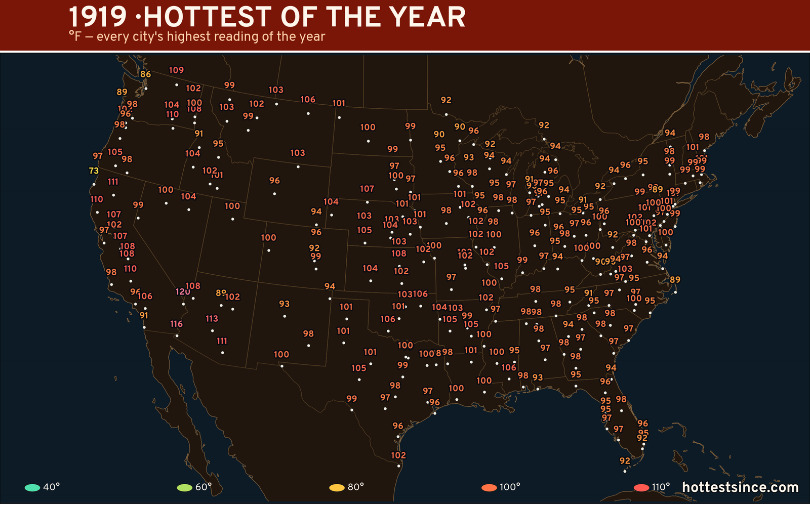 1919 — hottest and coldest temperature at each U.S. city