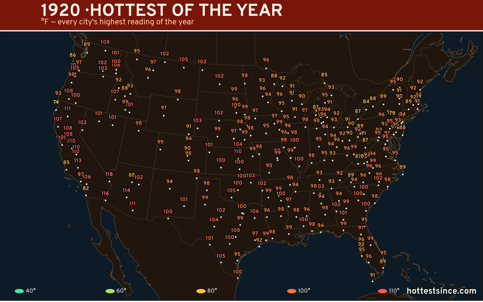 1920 — hottest and coldest temperature at each U.S. city