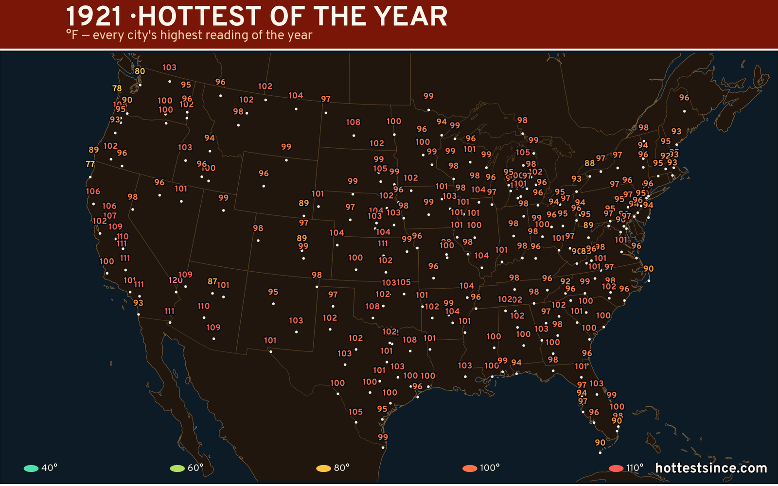 1921 — hottest and coldest temperature at each U.S. city