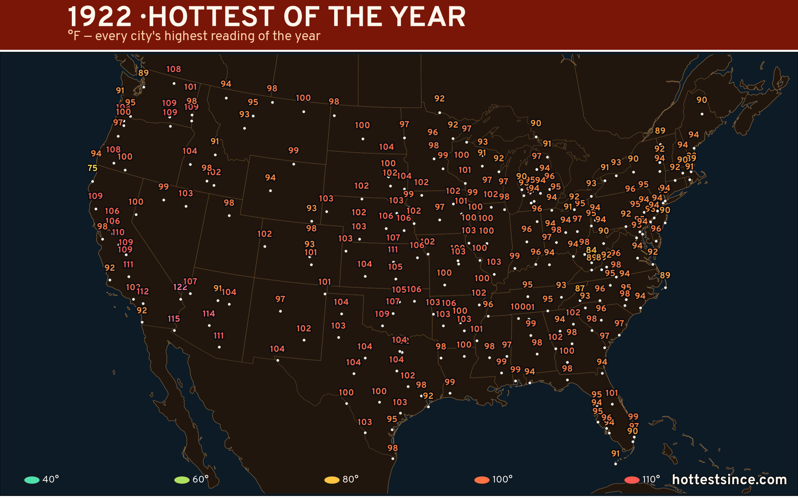 1922 — hottest and coldest temperature at each U.S. city