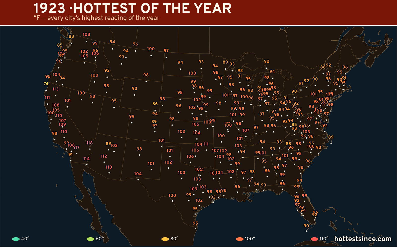 1923 — hottest and coldest temperature at each U.S. city