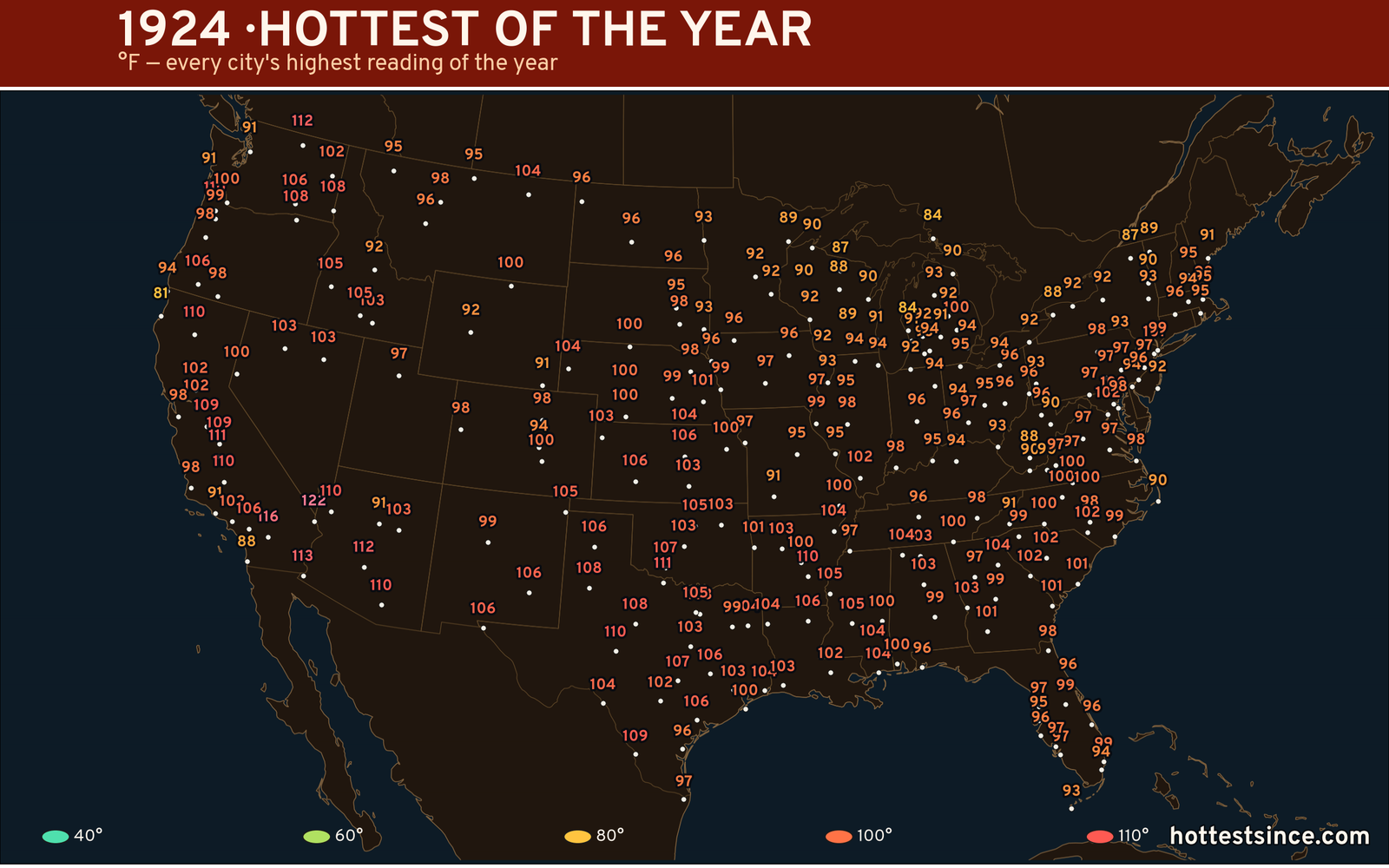 1924 — hottest and coldest temperature at each U.S. city