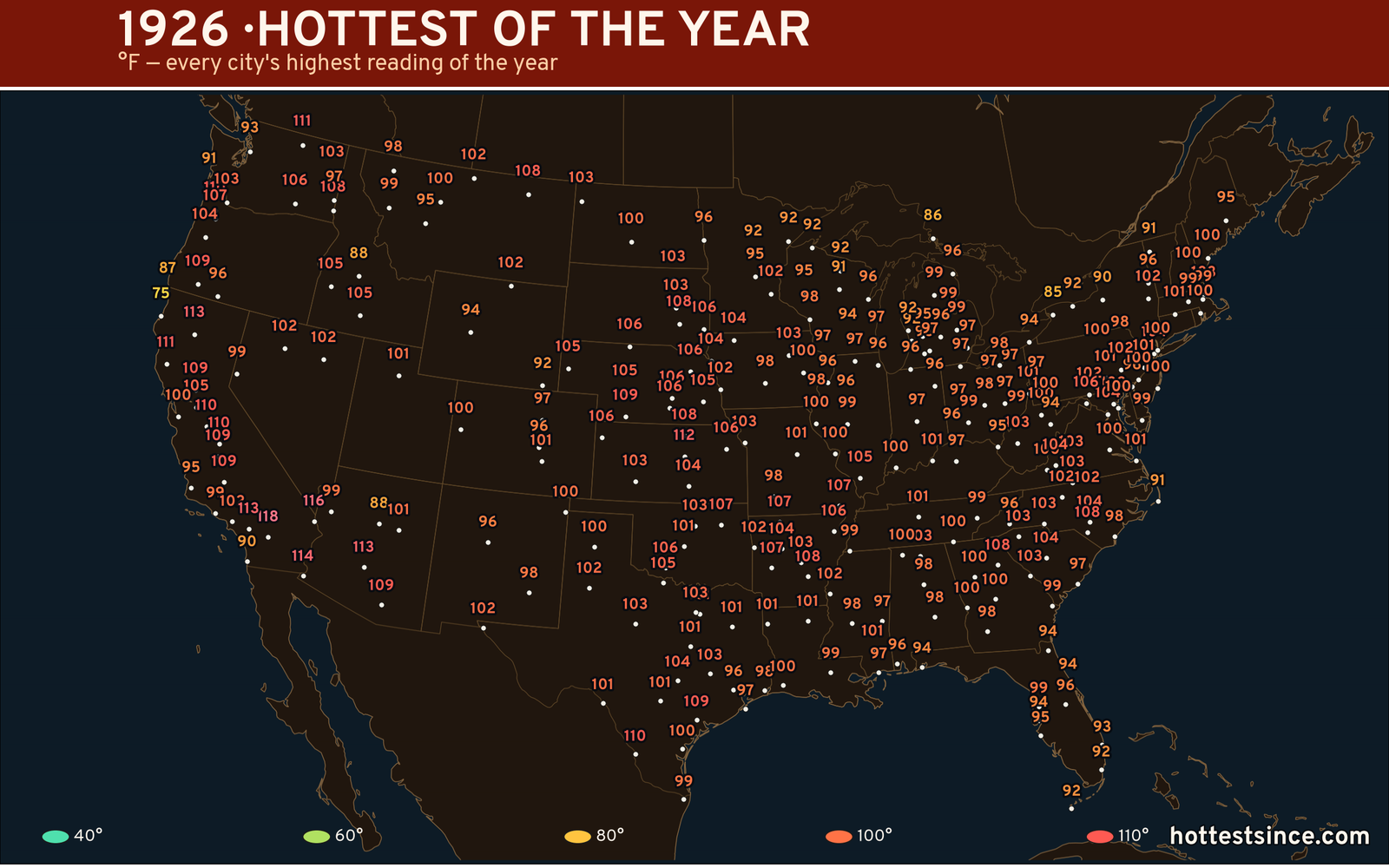 1926 — hottest and coldest temperature at each U.S. city