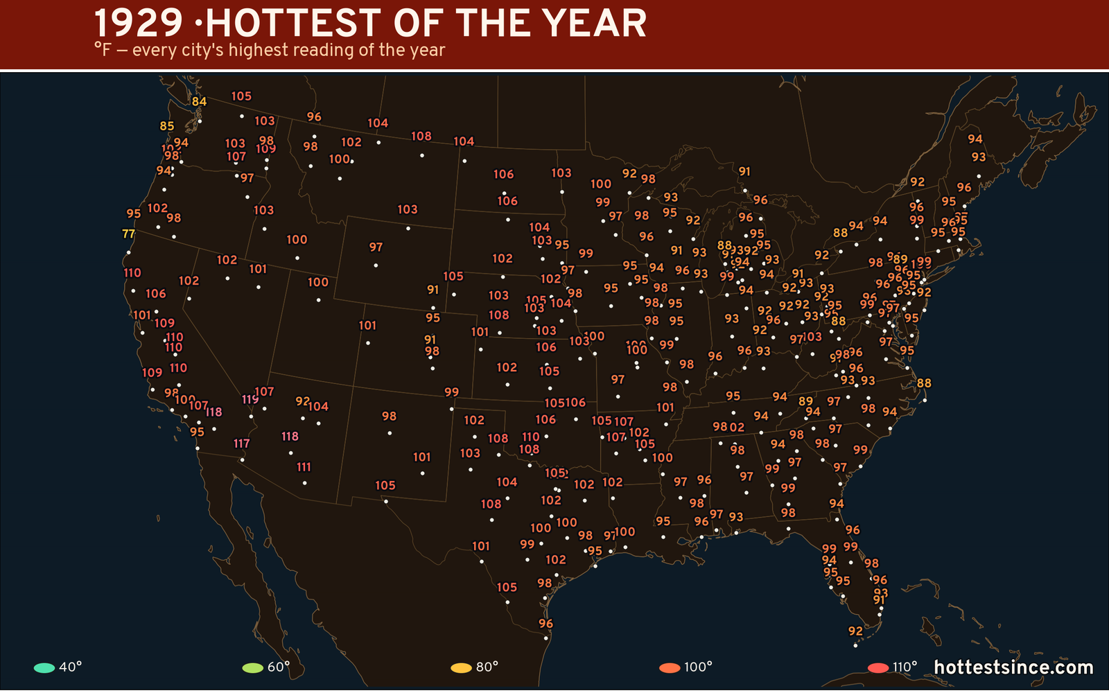 1929 — hottest and coldest temperature at each U.S. city