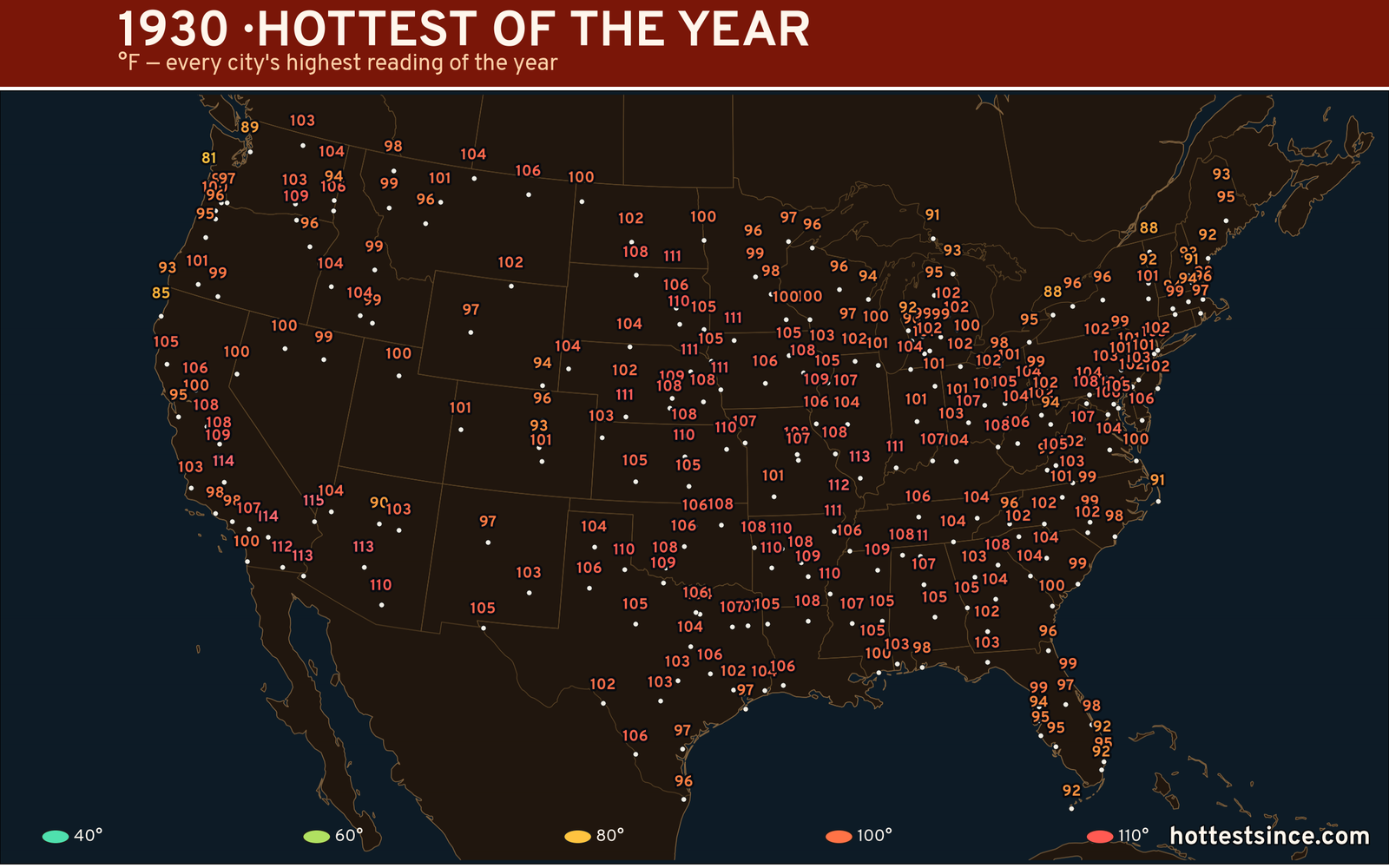 1930 — hottest and coldest temperature at each U.S. city