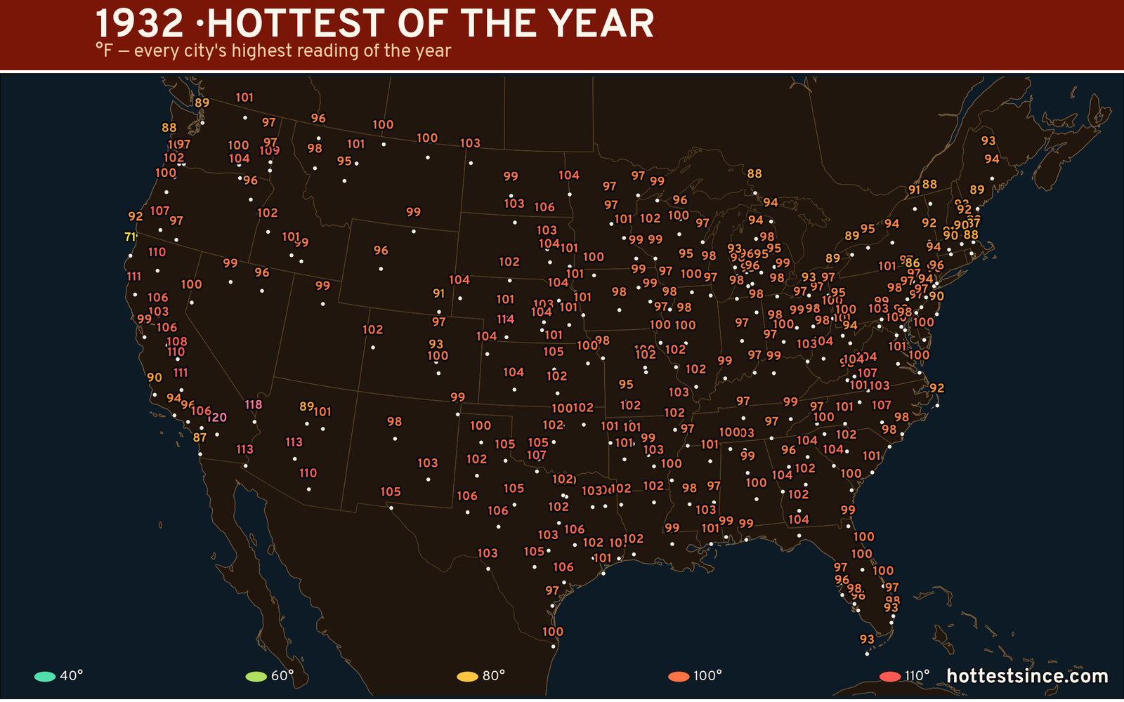 1932 — hottest and coldest temperature at each U.S. city
