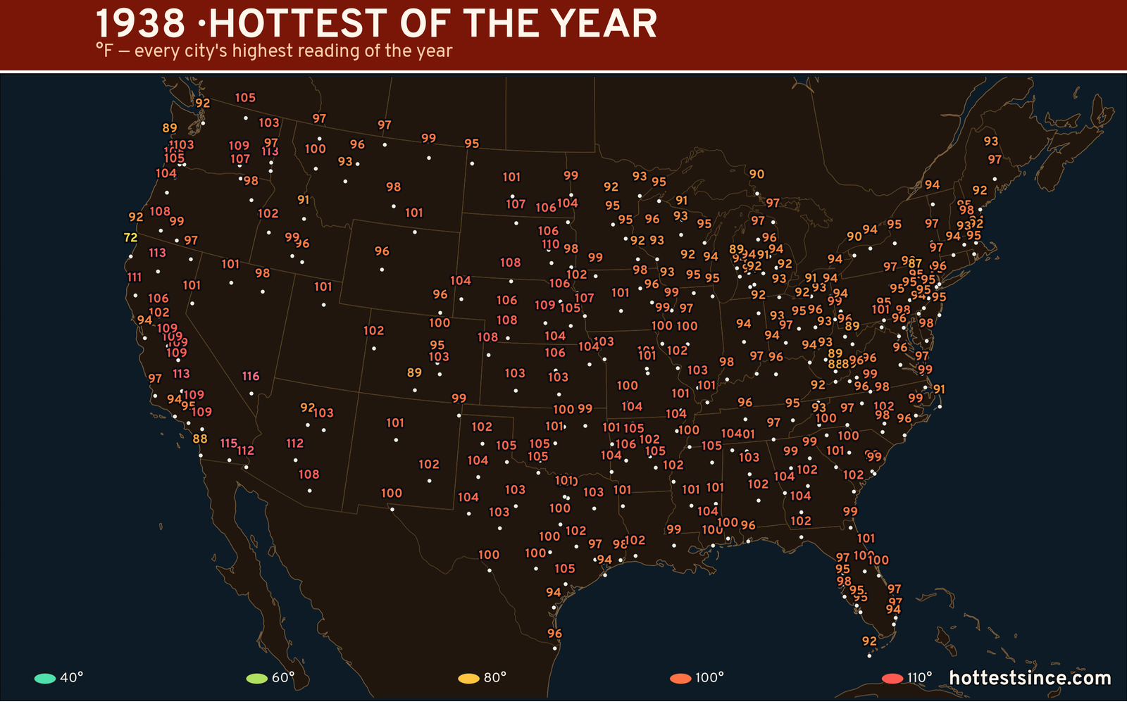 1938 — hottest and coldest temperature at each U.S. city