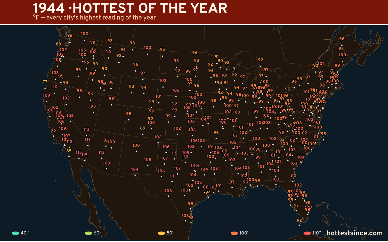 1944 — hottest and coldest temperature at each U.S. city