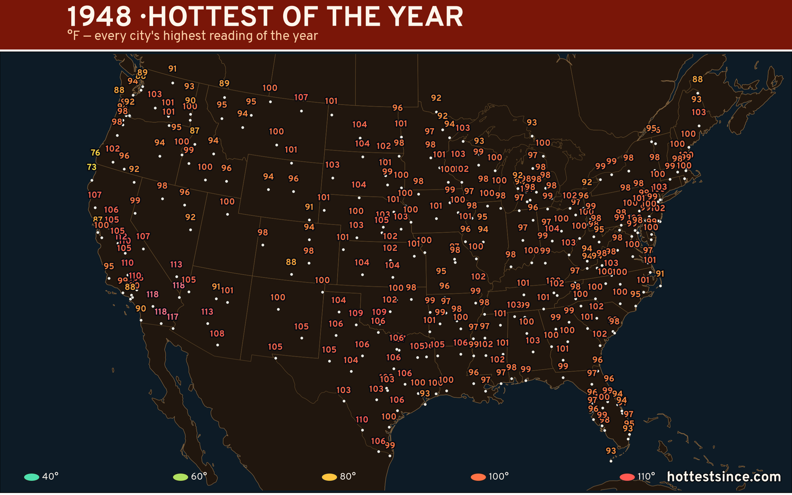 1948 — hottest and coldest temperature at each U.S. city