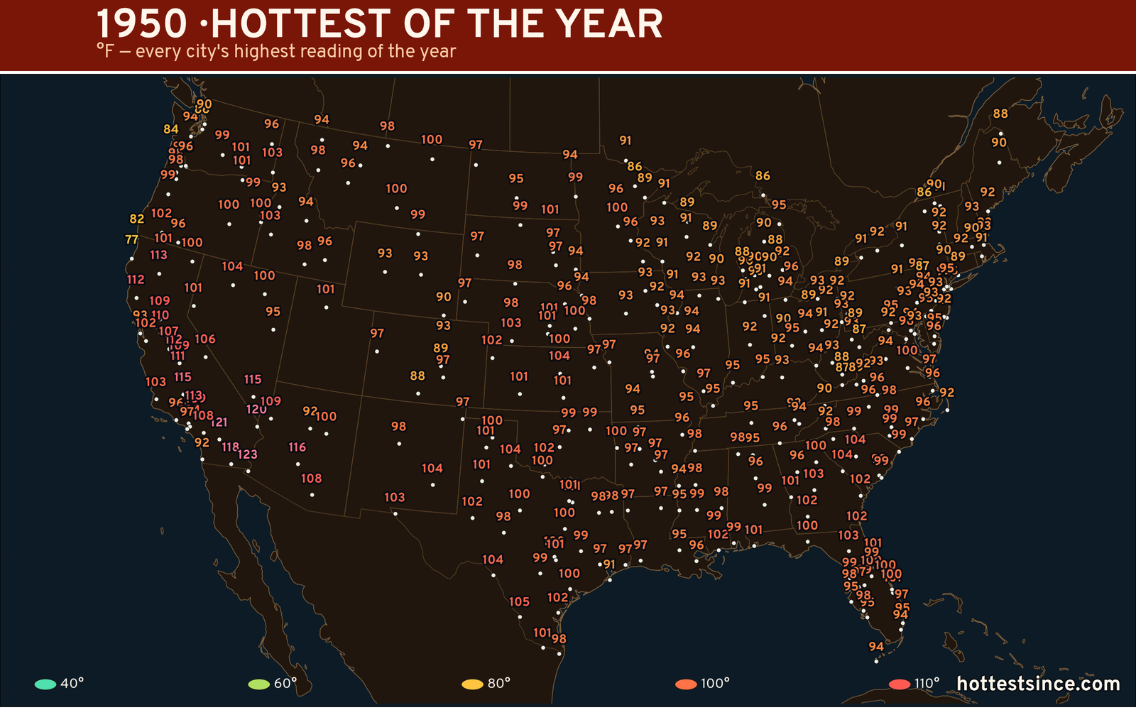 1950 — hottest and coldest temperature at each U.S. city