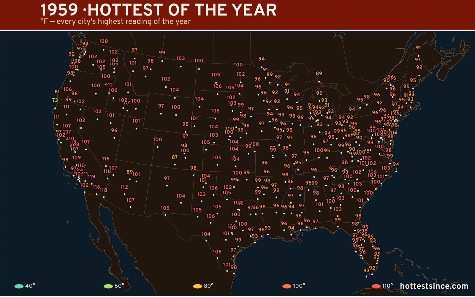 1959 — hottest and coldest temperature at each U.S. city