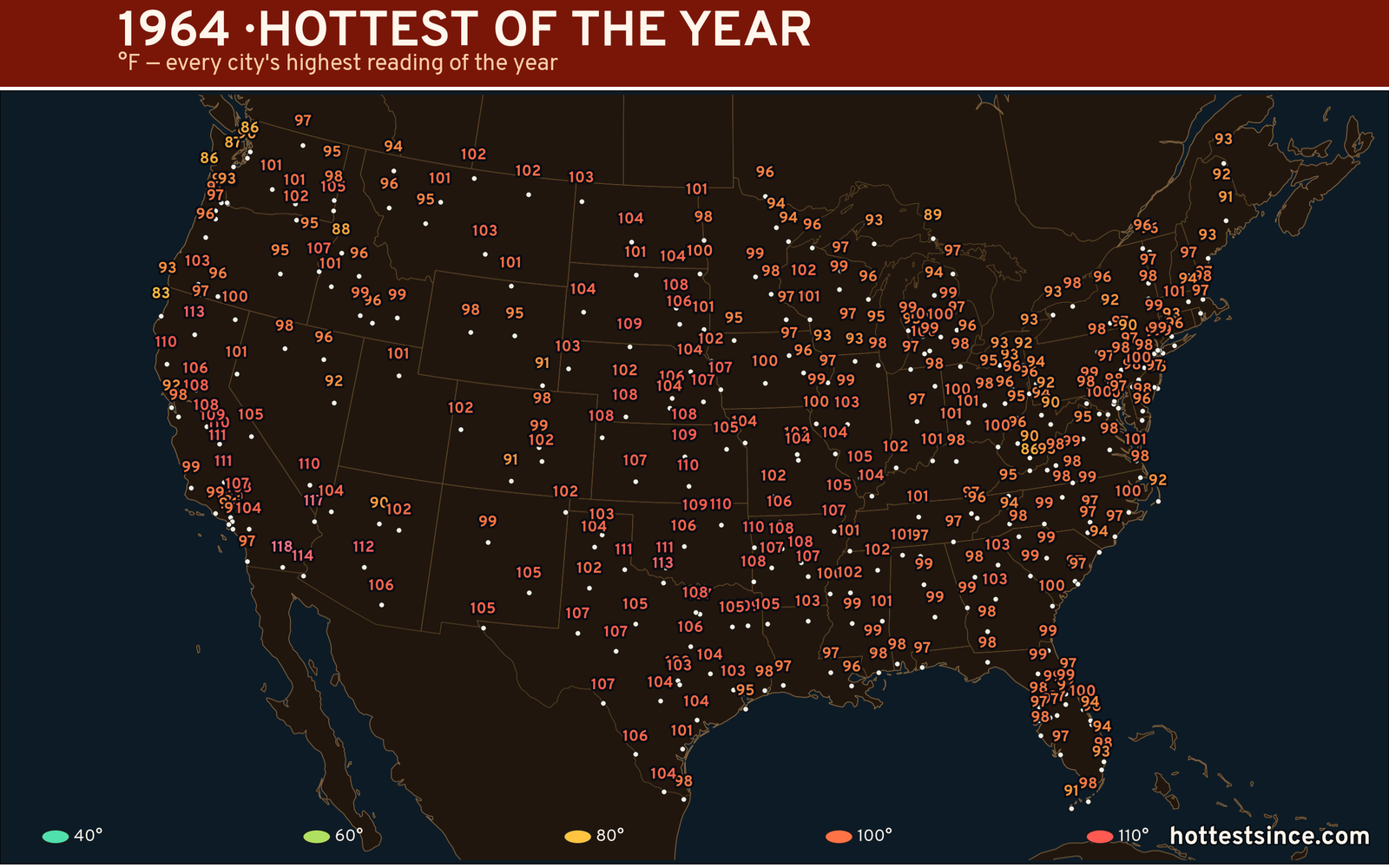 1964 — hottest and coldest temperature at each U.S. city