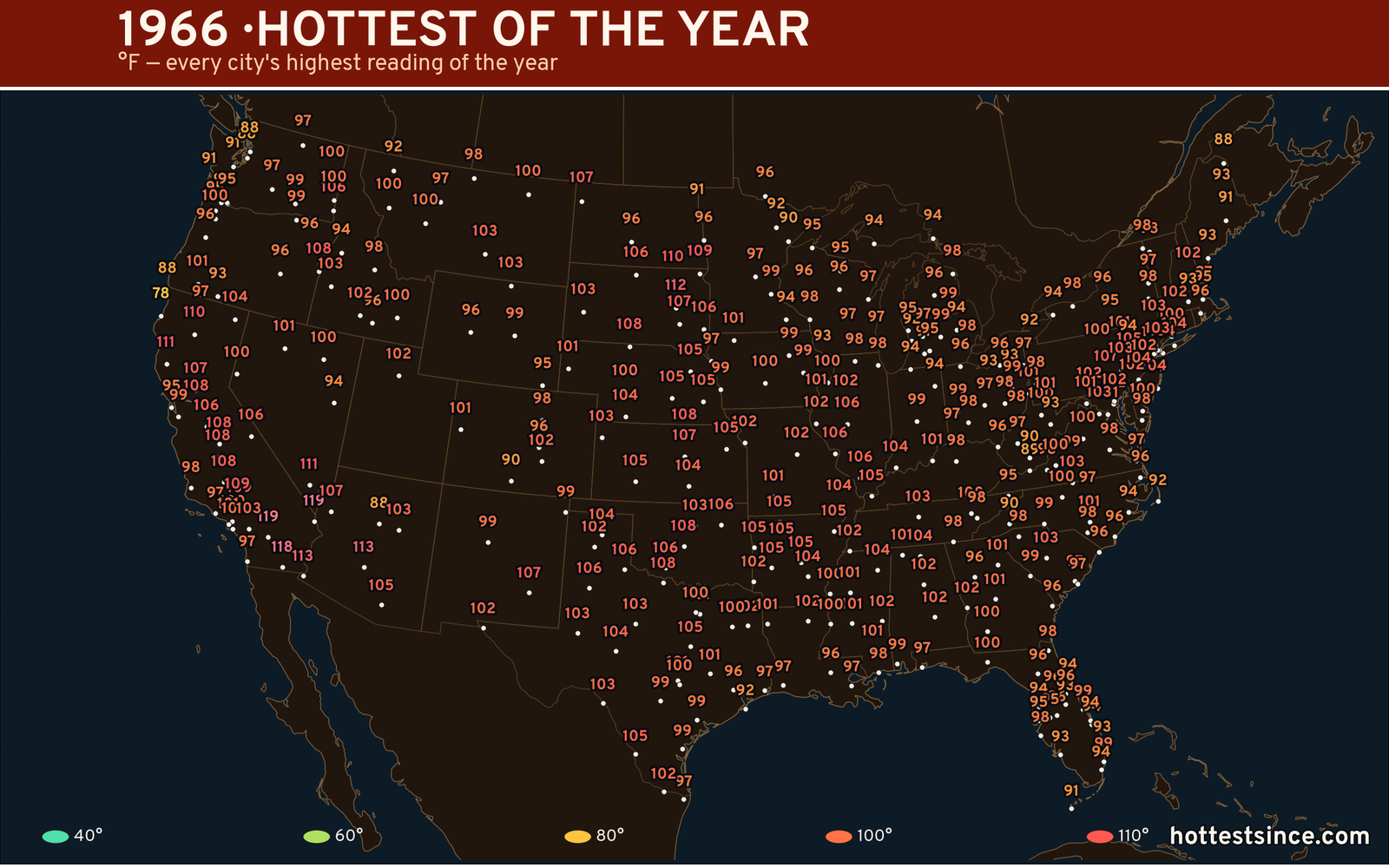 1966 — hottest and coldest temperature at each U.S. city