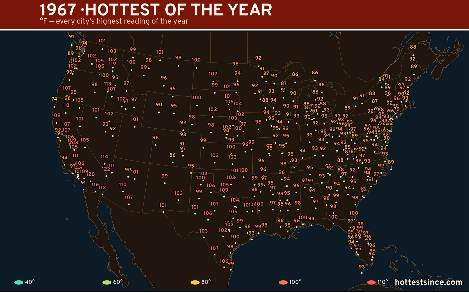 1967 — hottest and coldest temperature at each U.S. city