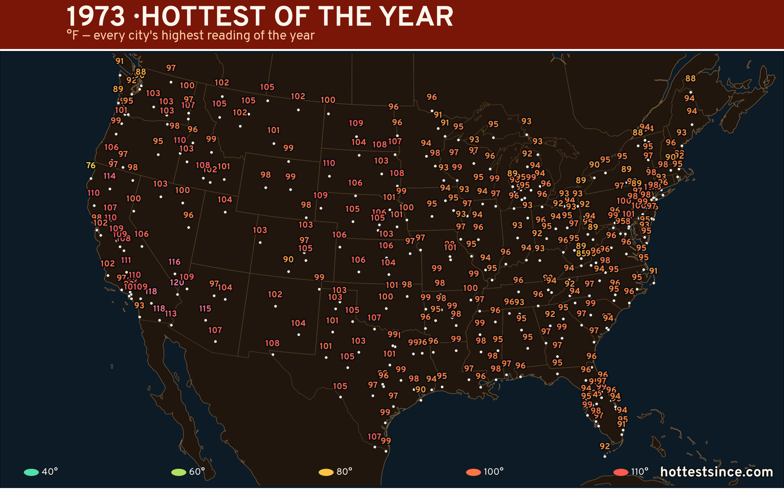 1973 — hottest and coldest temperature at each U.S. city