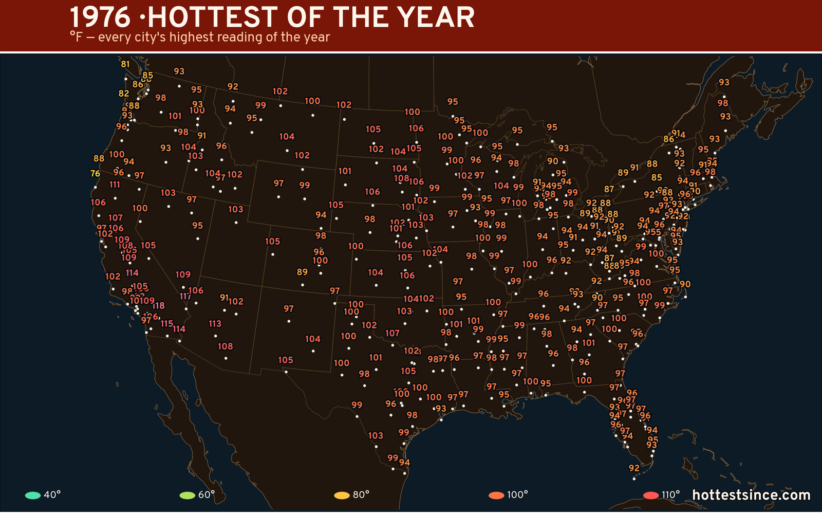 1976 — hottest and coldest temperature at each U.S. city
