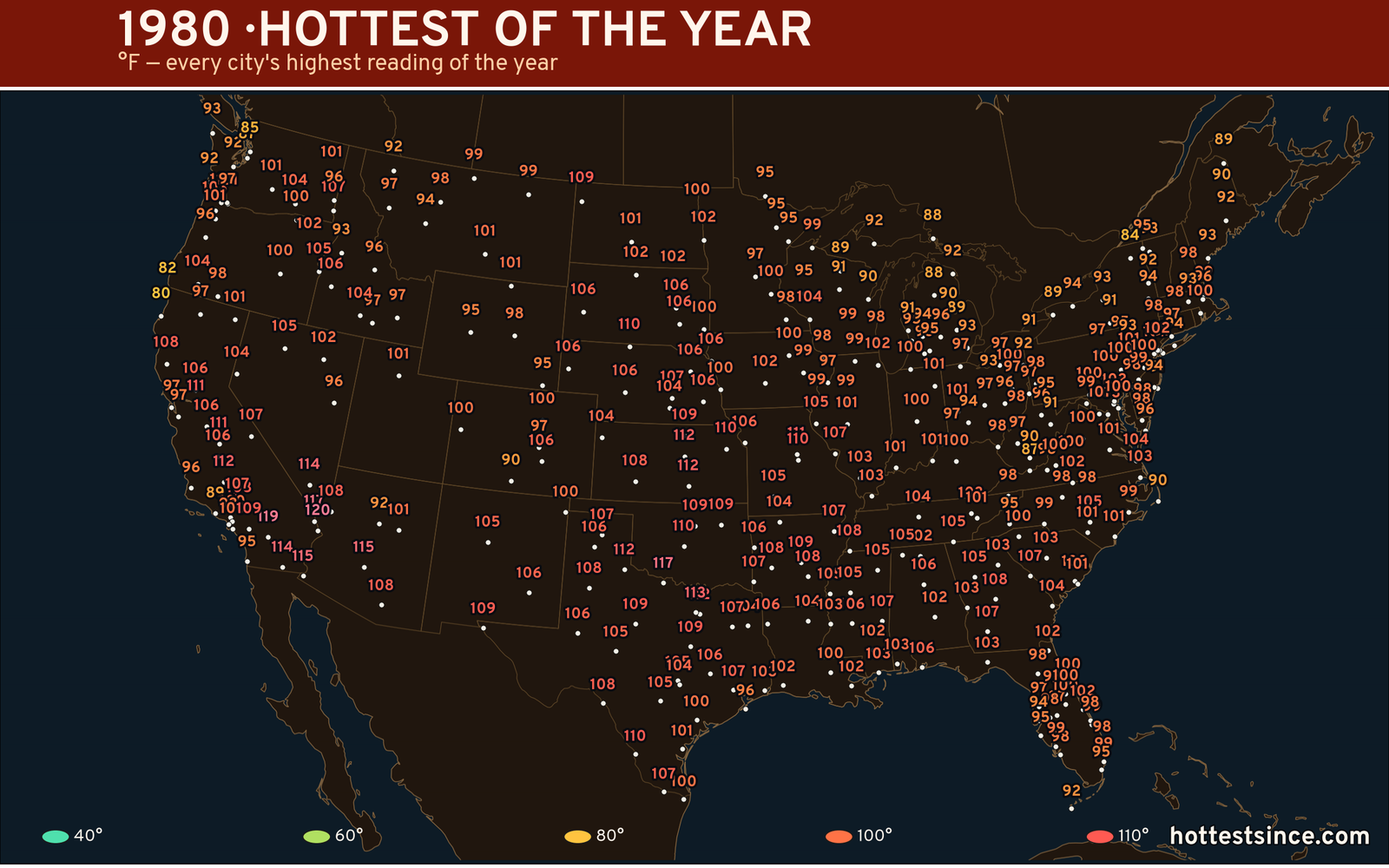 1980 — hottest and coldest temperature at each U.S. city