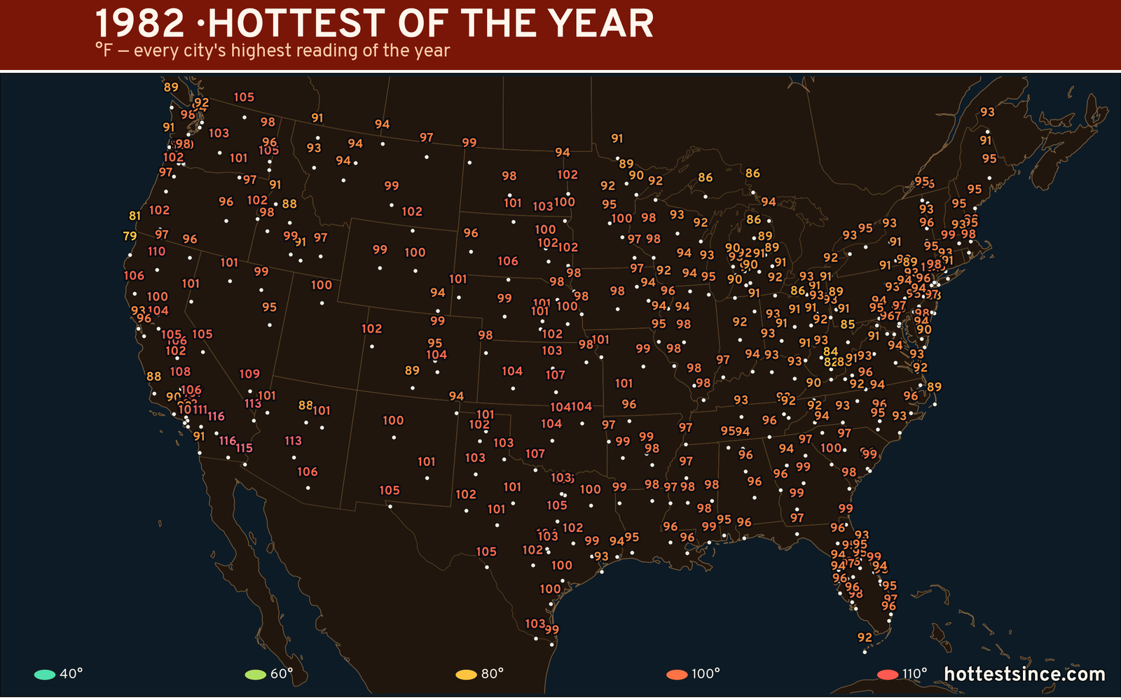 1982 — hottest and coldest temperature at each U.S. city