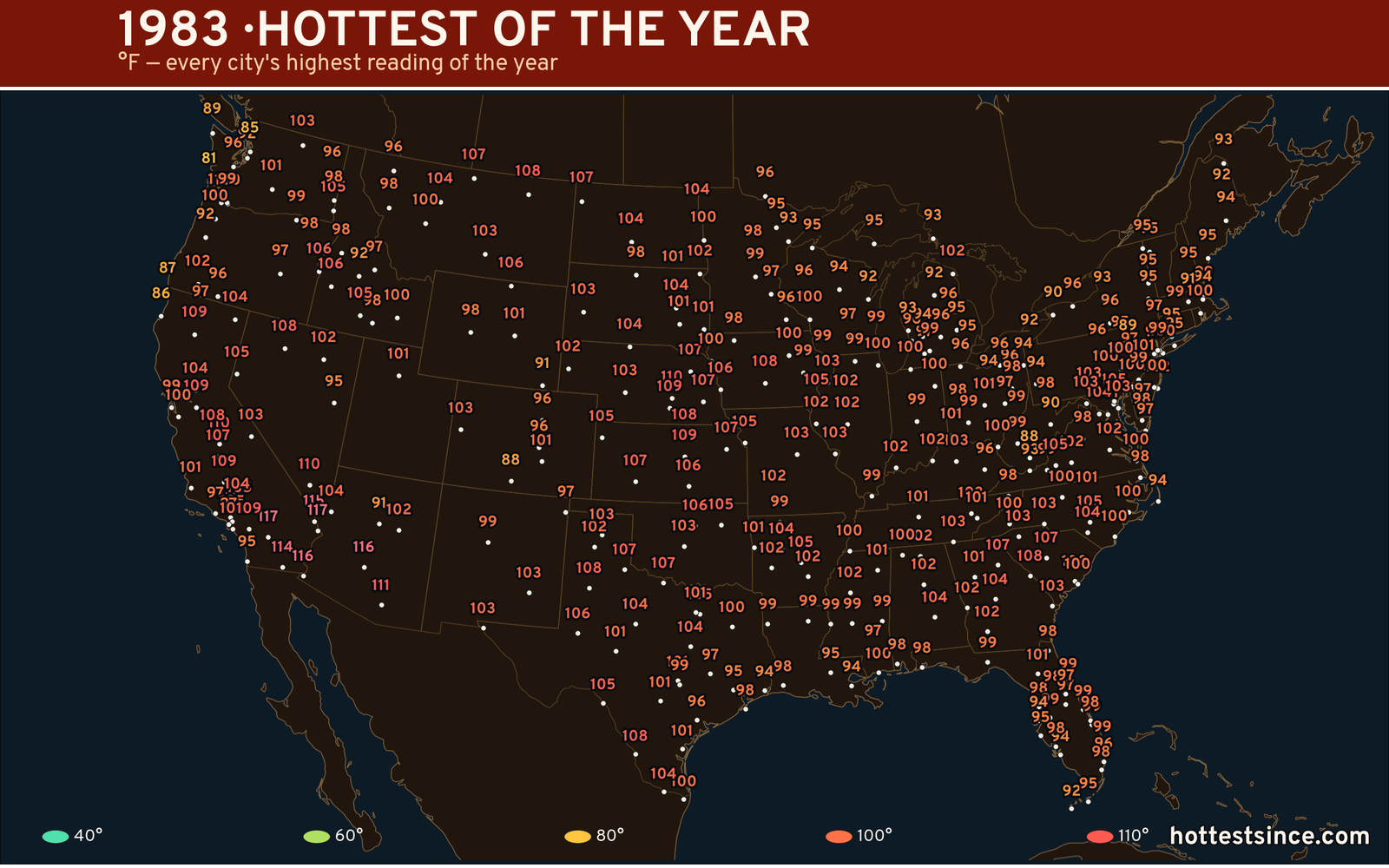 1983 — hottest and coldest temperature at each U.S. city