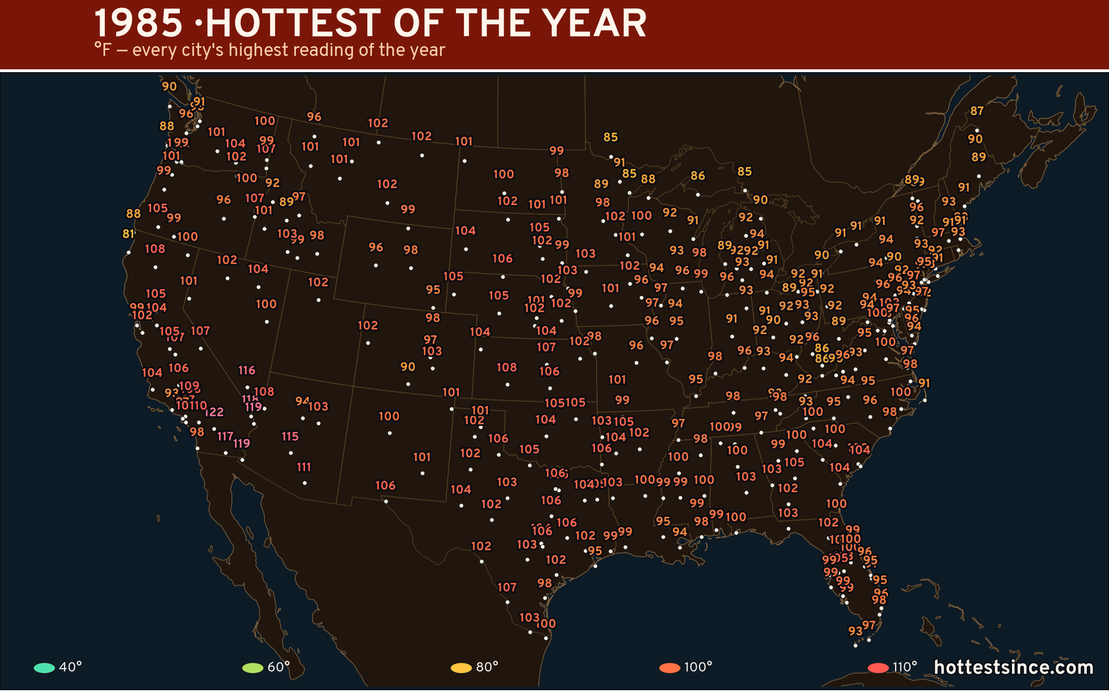 1985 — hottest and coldest temperature at each U.S. city