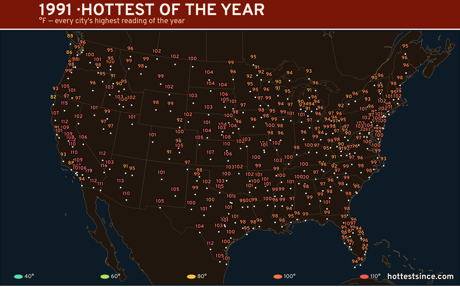 1991 — hottest and coldest temperature at each U.S. city