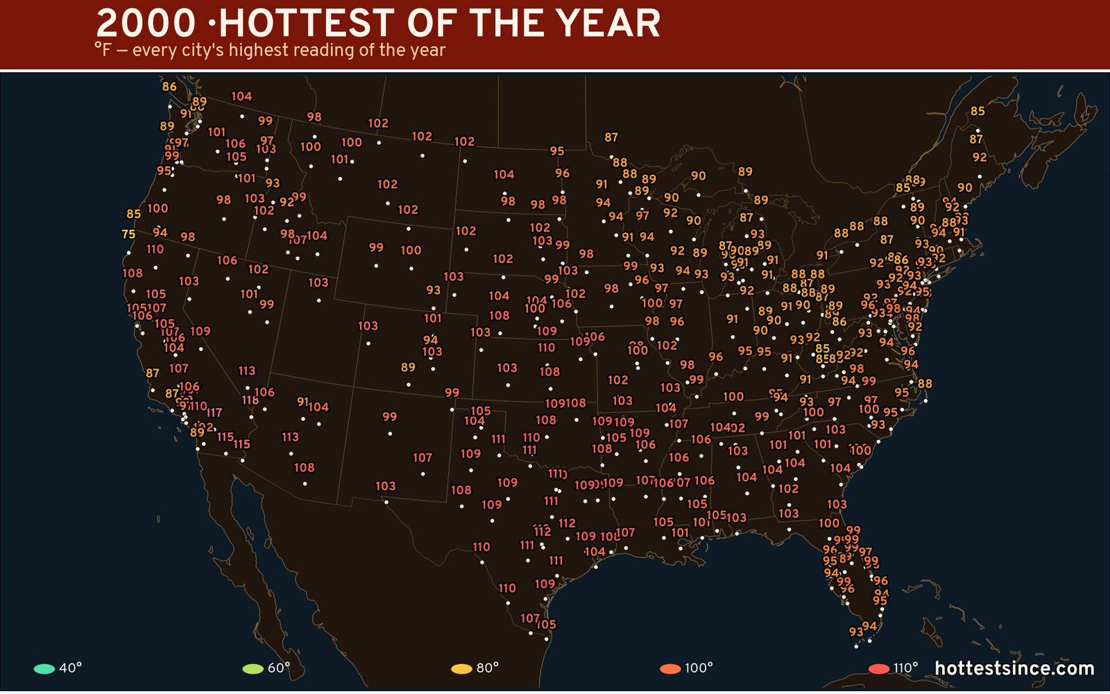 2000 — hottest and coldest temperature at each U.S. city